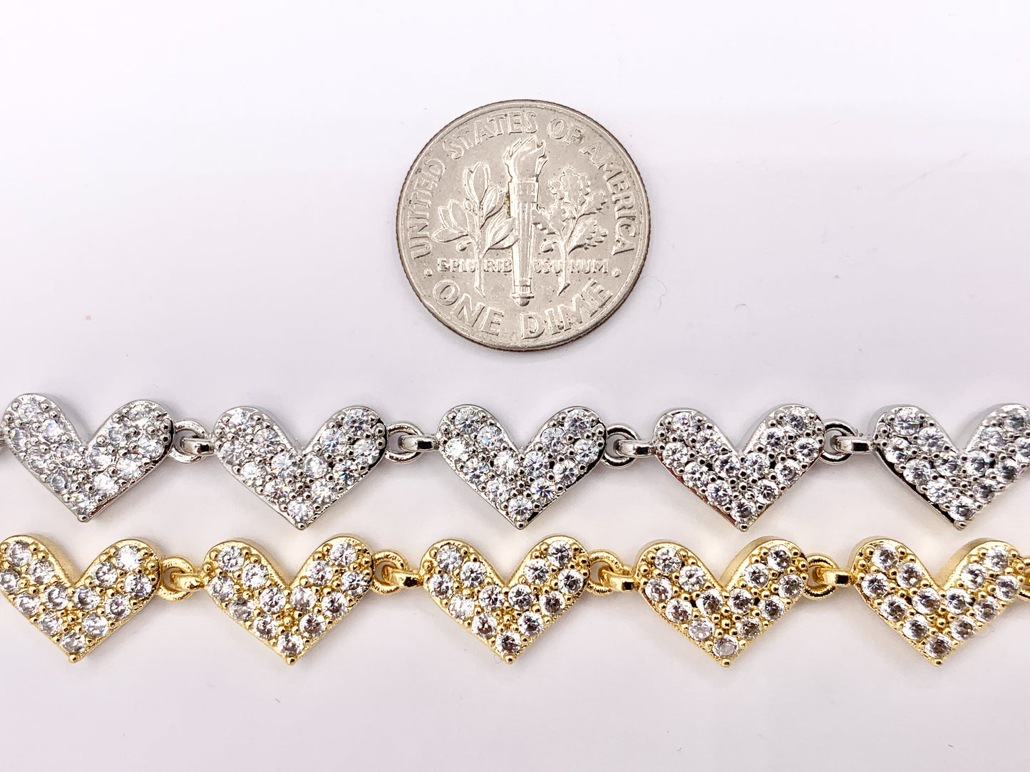 7" Delicate 18K Gold/Silver Plated Dainty Minimalist Fancy Heart Rhinestone Chain Bracelet 2 PCS