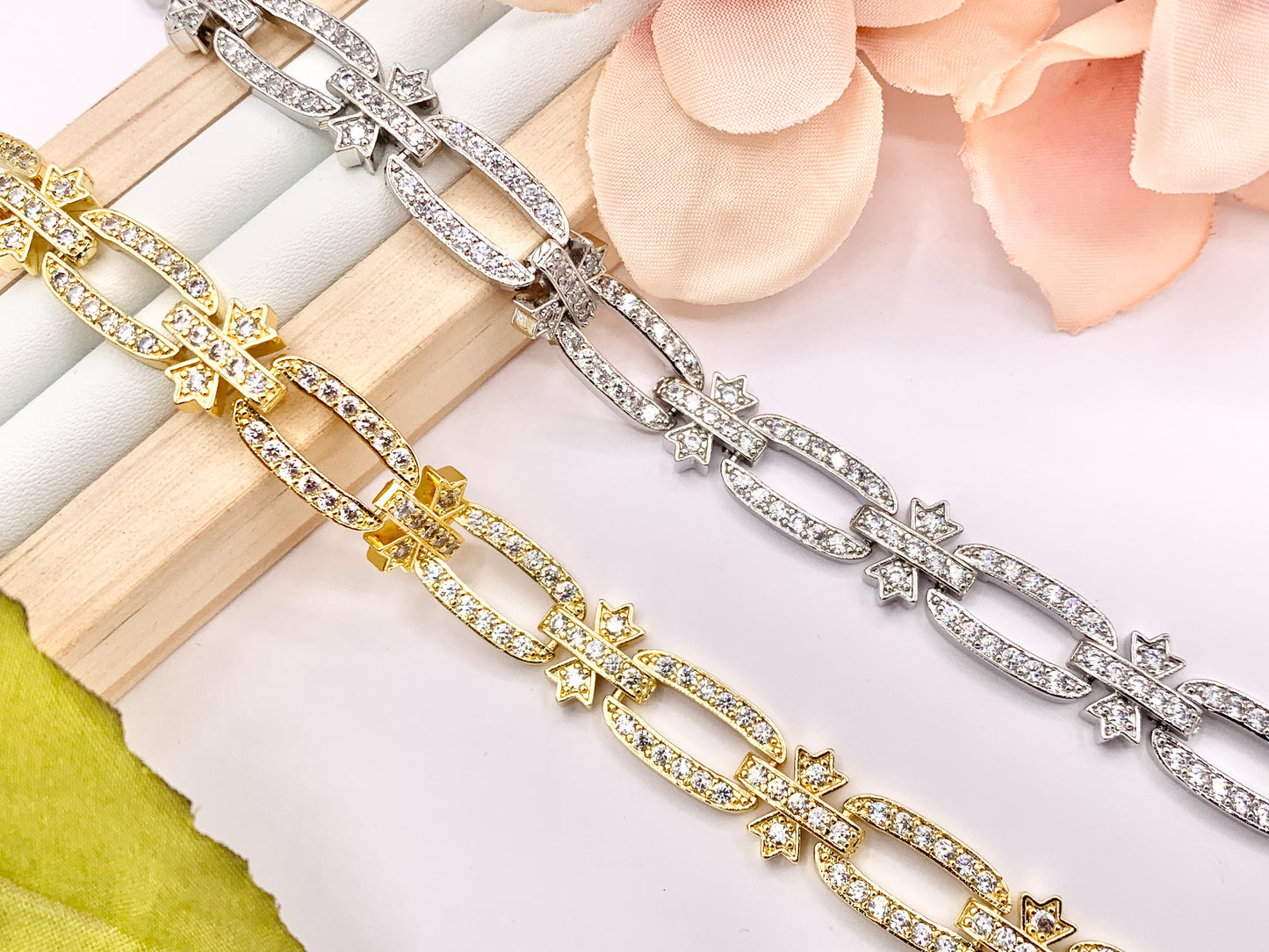 7" Delicate 18K Gold/Silver Plated Dainty Minimalist Fancy Oval Link Rhinestone Chain Bracelet 2 PCS