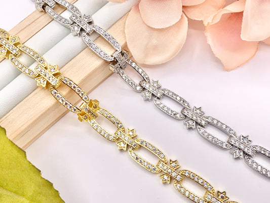 7" Delicate 18K Gold/Silver Plated Dainty Minimalist Fancy Oval Link Rhinestone Chain Bracelet 2 PCS