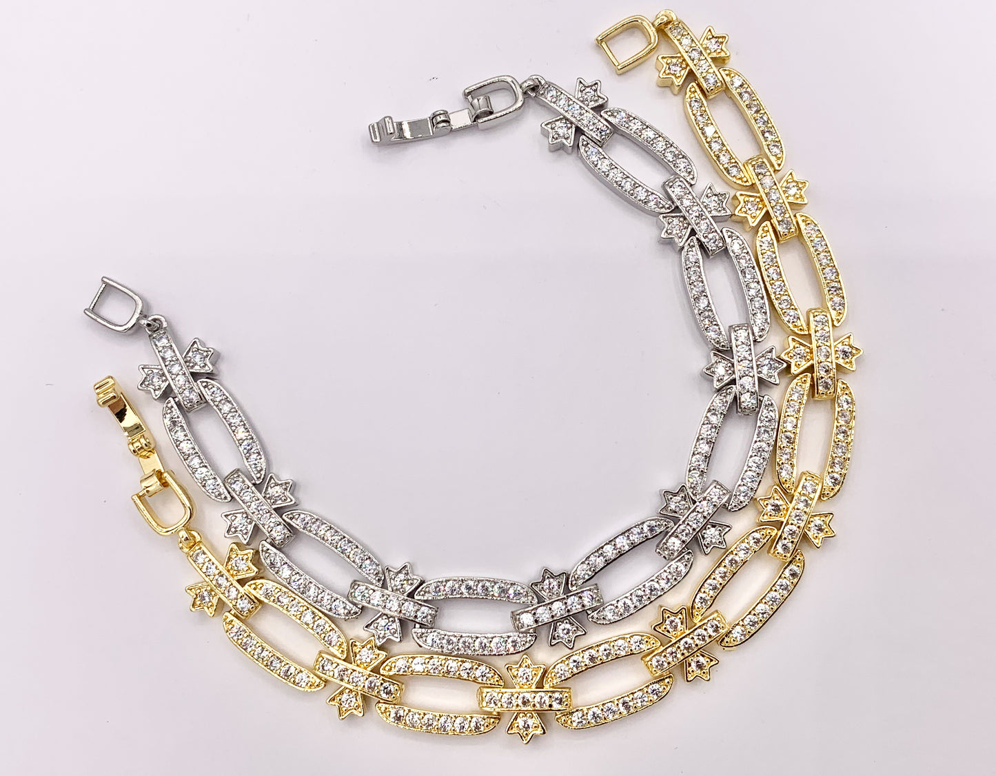 7" Delicate 18K Gold/Silver Plated Dainty Minimalist Fancy Oval Link Rhinestone Chain Bracelet 2 PCS