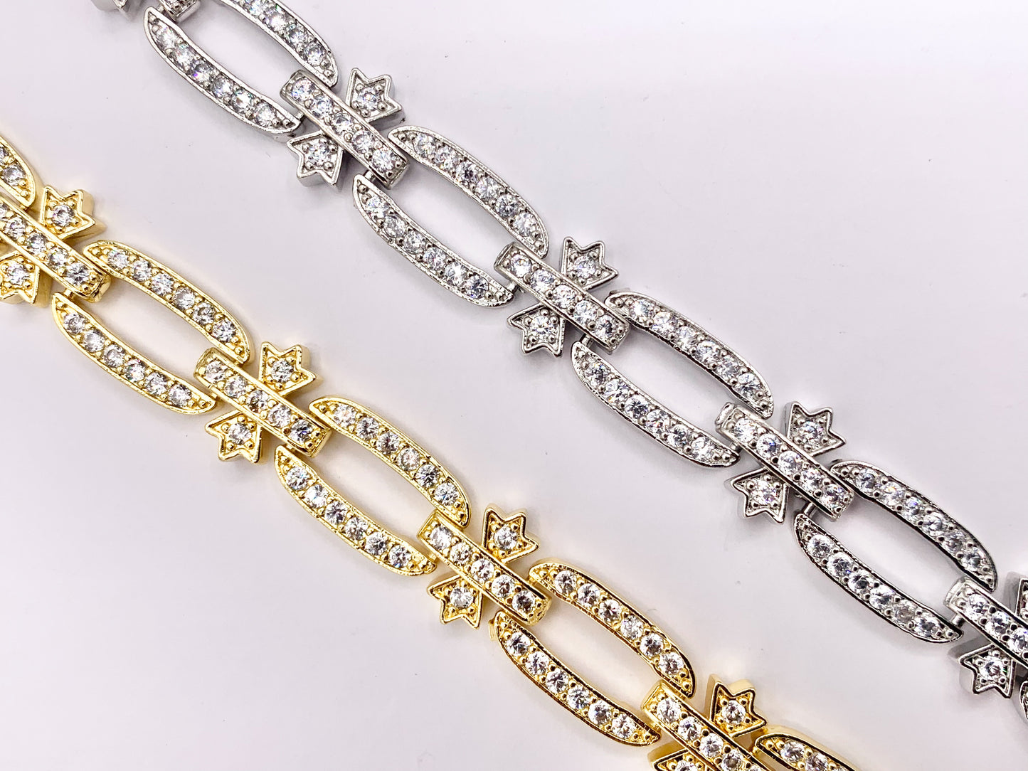 7" Delicate 18K Gold/Silver Plated Dainty Minimalist Fancy Oval Link Rhinestone Chain Bracelet 2 PCS