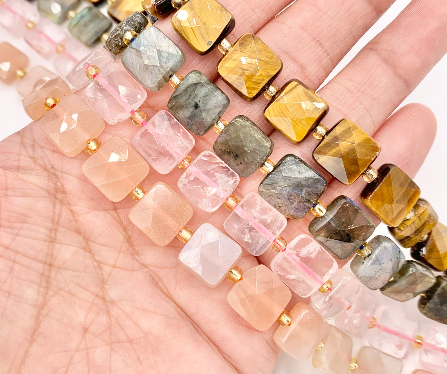 10mm Square Shape Rose Quartz/ Tiger's Eye/ Labradorite/ Pink Moonstone Flat Beads 15" Price 1 Strand