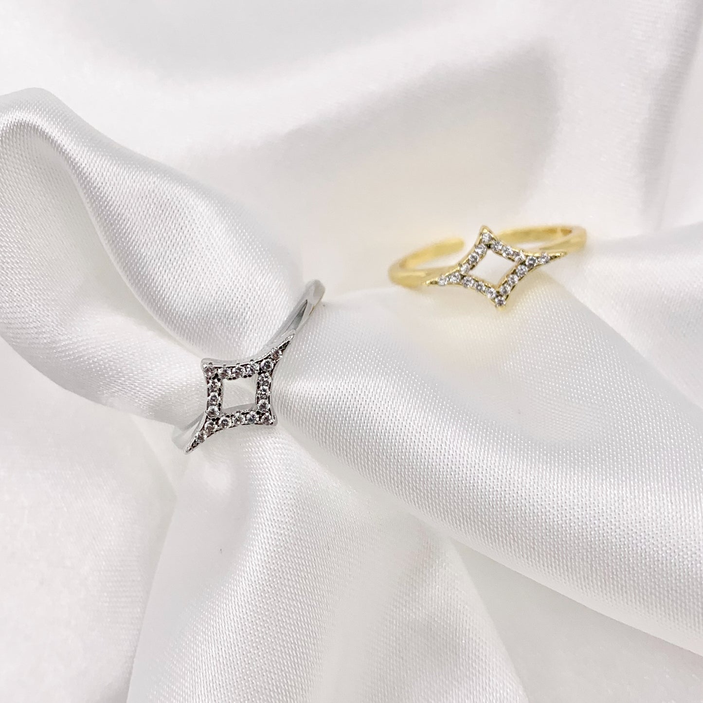 Dainty Diamond Shape Stackable Ring Gold/Silver 18K Plated Copper CZ Pave Adjustable Ring 4 PCS