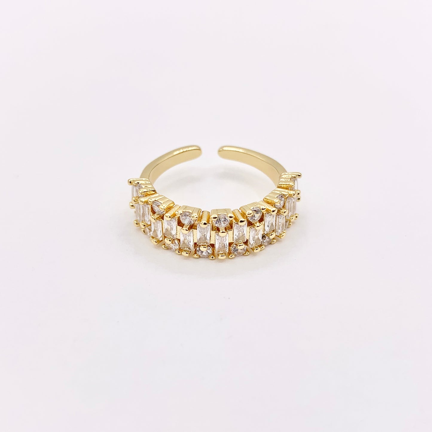 Glamourous Rhinestone Bridal Style Adjustable Baguette Rings in 18K Gold Plated Copper 4 PCS