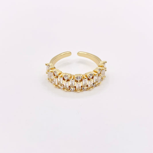 Glamourous Rhinestone Bridal Style Adjustable Baguette Rings in 18K Gold Plated Copper 4 PCS