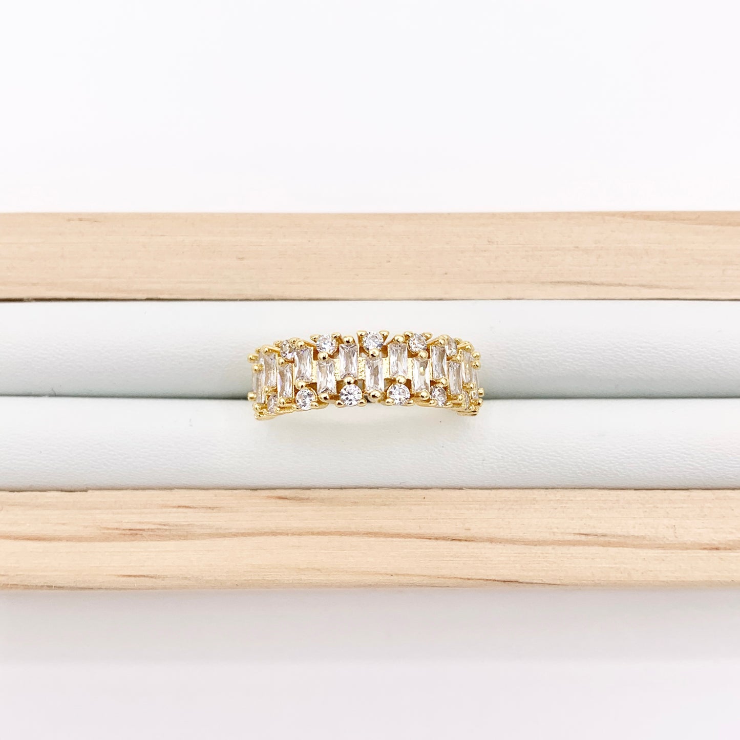 Glamourous Rhinestone Bridal Style Adjustable Baguette Rings in 18K Gold Plated Copper 4 PCS