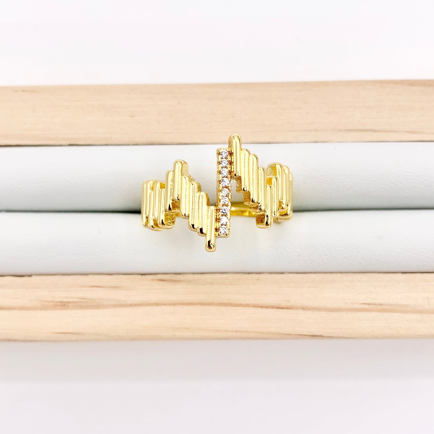 Chevron V Shaped Geometric Baguette Ring in Real Gold 18K Plated Copper CZ Pave Adjustable Ring 4 PCS