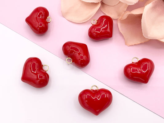 Red Enamel Heart Charm Double Sided Puffy Heart Valentine's Day Pendants in 18K Gold Plated Over Copper  10 PCS
