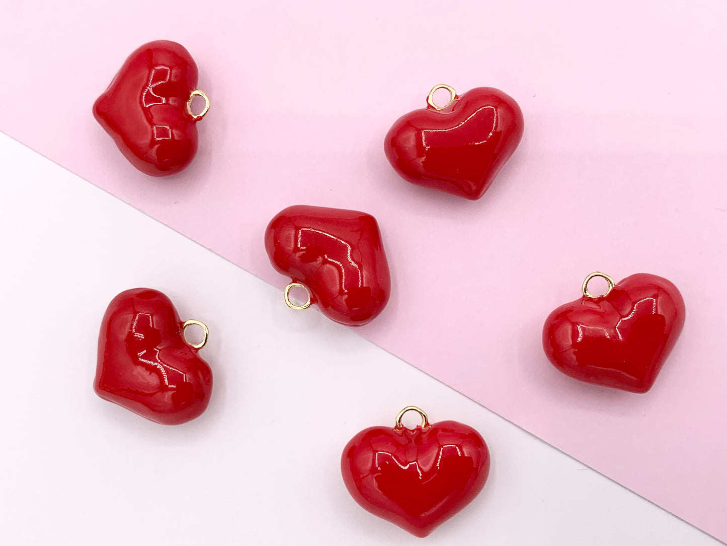 Red Enamel Heart Charm Double Sided Puffy Heart Valentine's Day Pendants in 18K Gold Plated Over Copper  10 PCS
