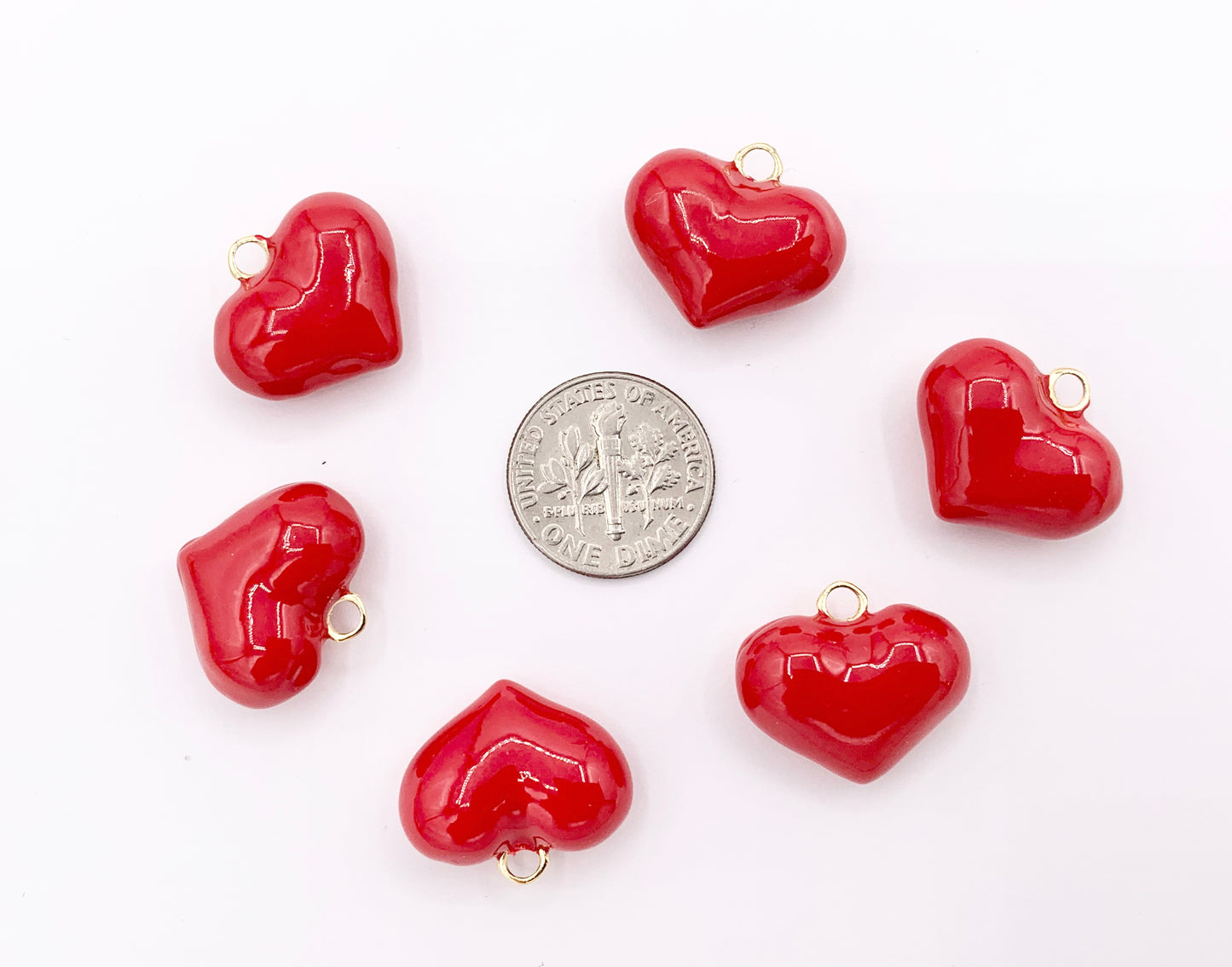 Red Enamel Heart Charm Double Sided Puffy Heart Valentine's Day Pendants in 18K Gold Plated Over Copper  10 PCS