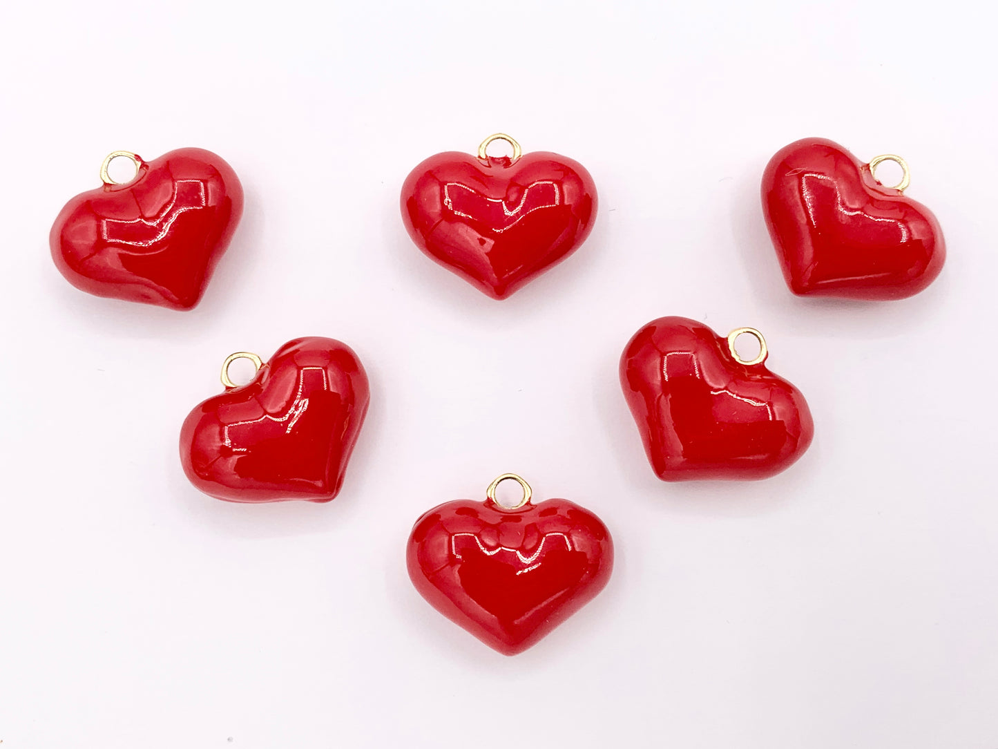 Red Enamel Heart Charm Double Sided Puffy Heart Valentine's Day Pendants in 18K Gold Plated Over Copper  10 PCS