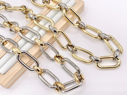 Chunky Paperclip Oval Link Chain Necklace in Gold/Silver 2 Tone Plated Copper Finished Necklace 19" with 1.8" Extension Link