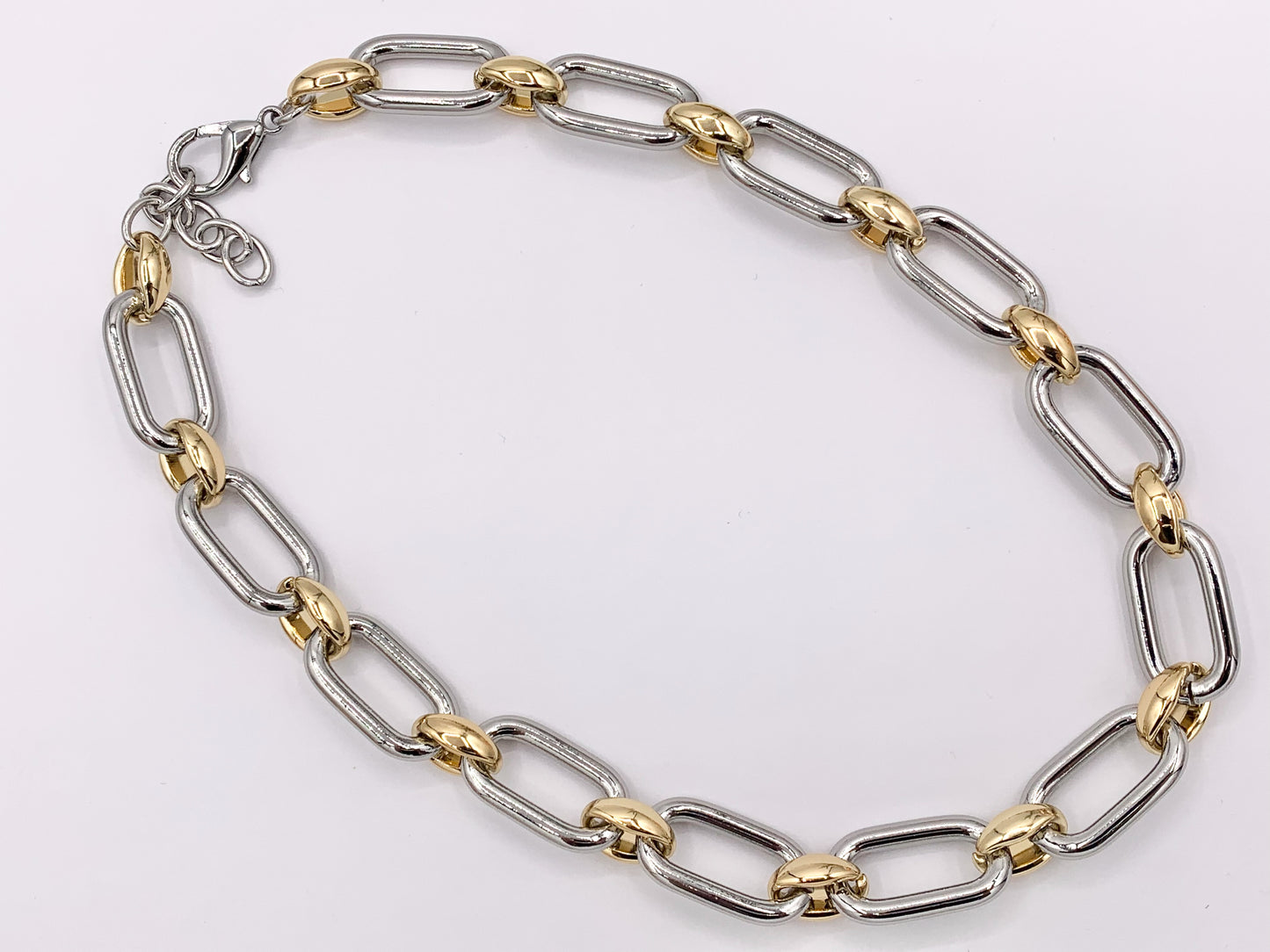 Chunky Paperclip Oval Link Chain Necklace in Gold/Silver 2 Tone Plated Copper Finished Necklace 19" with 1.8" Extension Link