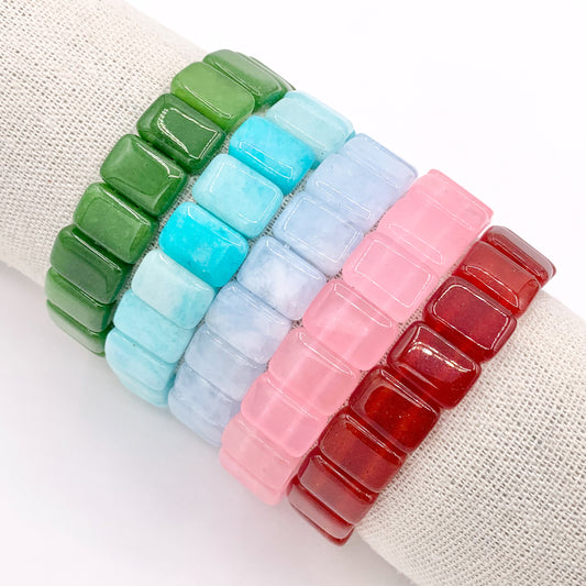 12mm Dyed Double Drilled Rectangle Jade Beaded Stretchy Bracelets 6.5-7" Price For 1
