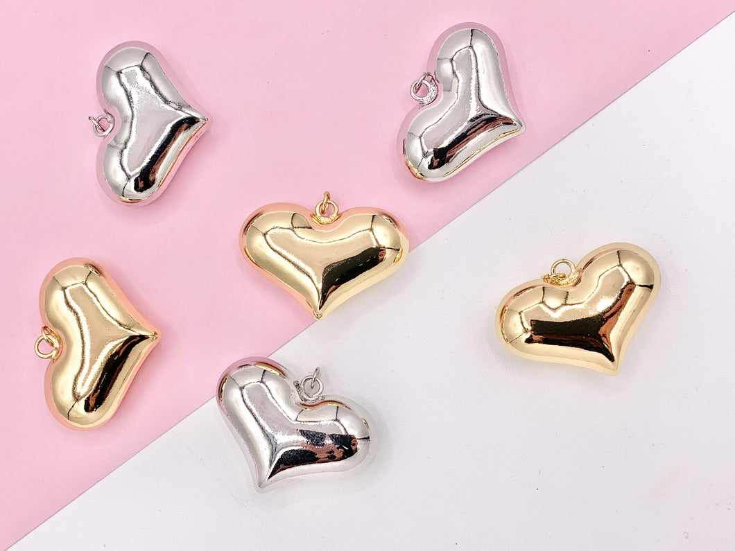 Large Puffy Heart Pendant Charms in 18K Gold or Silver Plated Copper 5PCS