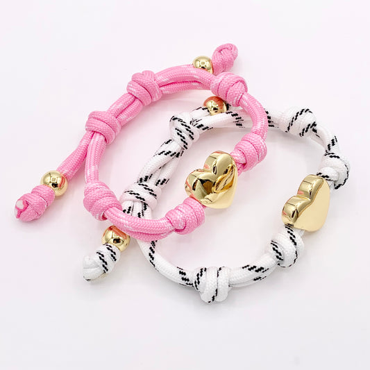 6-7" Pink & White Knotted Cord Adjustable Heart bracelet with 18K Gold Plated Findings 1PC