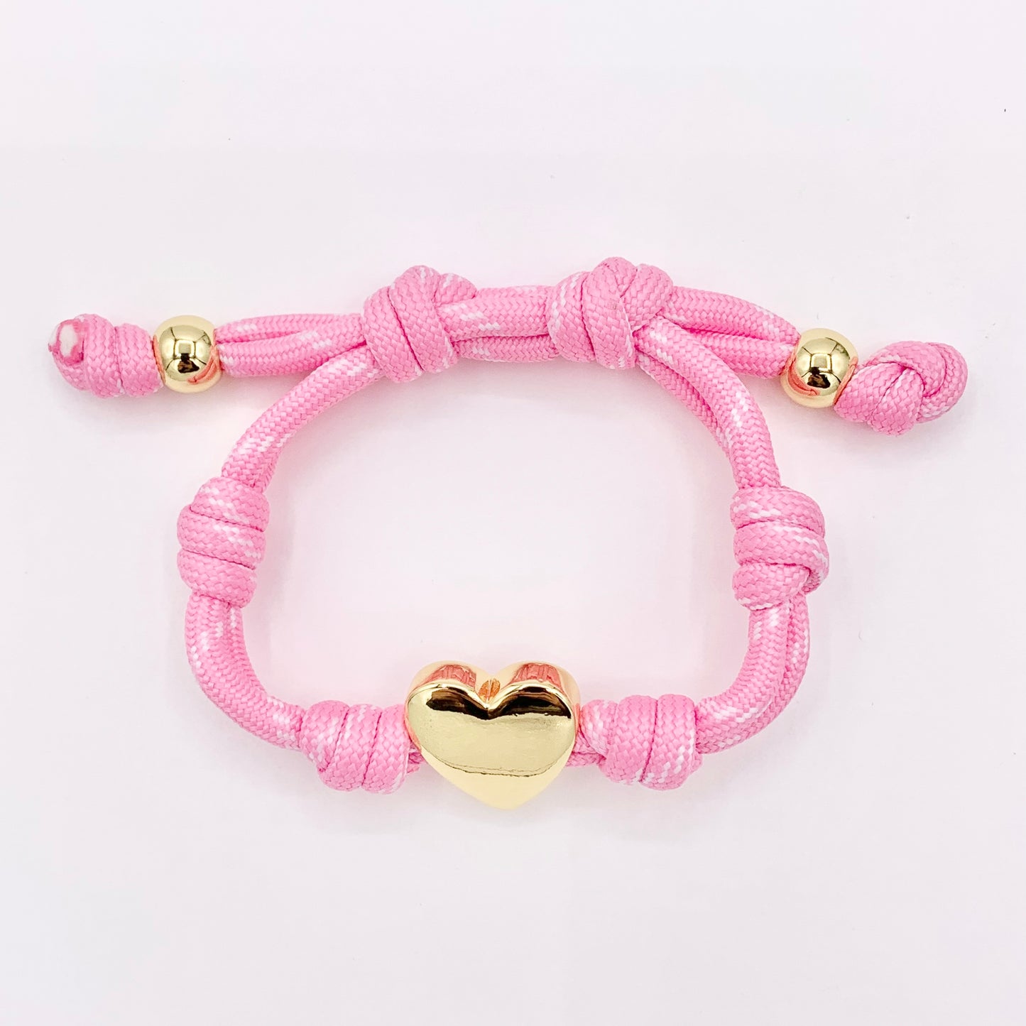 6-7" Pink & White Knotted Cord Adjustable Heart bracelet with 18K Gold Plated Findings 1PC