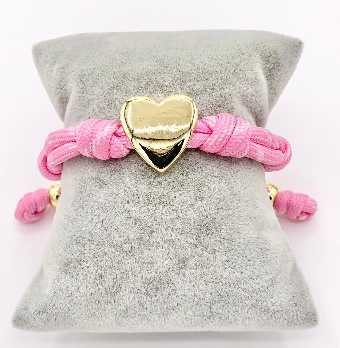 6-7" Pink & White Knotted Cord Adjustable Heart bracelet with 18K Gold Plated Findings 1PC