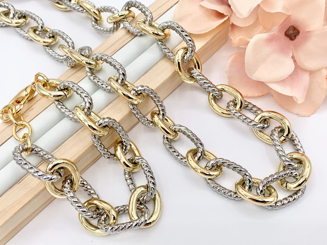 Chunky Twisted Oval Link Chain Necklace And Bracelet in Gold/Silver 2 Tone Plated Copper Finished Necklace 18.5