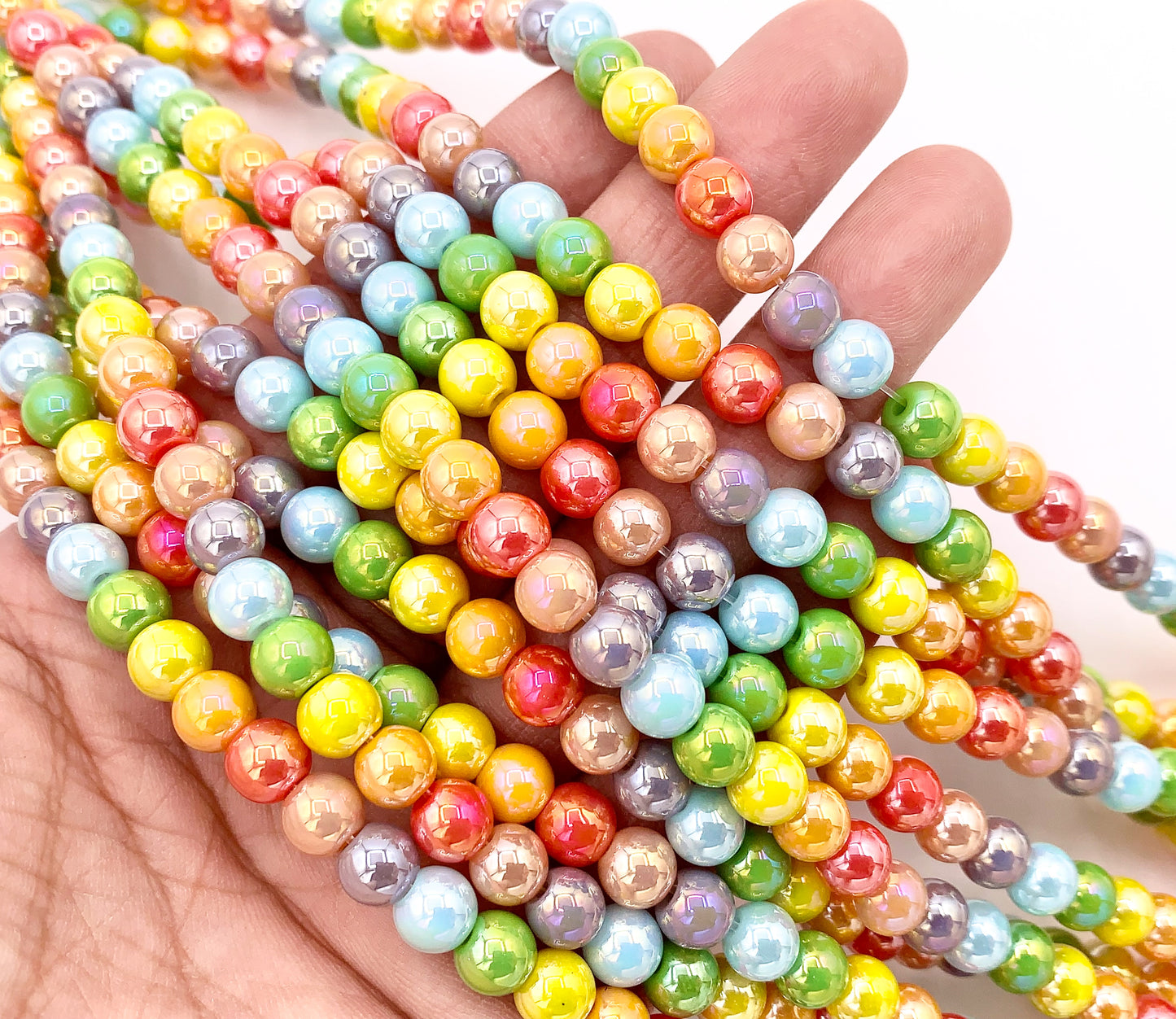 6mm Electroplated Multicolor Round Shiny Glass Beads 1 Strand 10.5" Price 1 Strand
