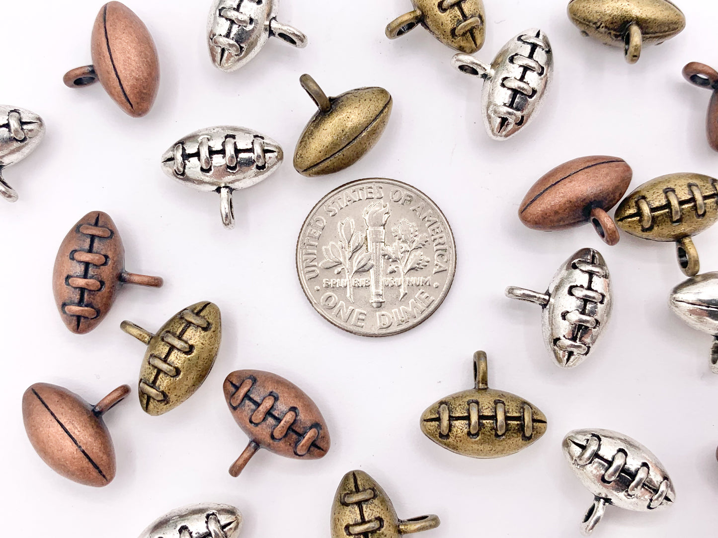 11x13mm Pewter Puffy Tiny Football Charms Small Curved Sports Charms Bulk Order in  Silver, Copper and Brass 125G