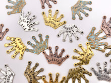 Load image into Gallery viewer, 31x21mm Pewter Crown Pendants Cute Large Tiara Charms Bulk Order in Gold, Silver, Brass, Copper and Patina
