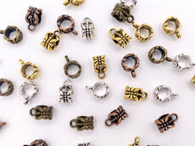 Load image into Gallery viewer, 6x8mm Pewter Charm Holder Spacers Butterfly Carved Spacers with Loop in Gold, Silver, Bronze and Copper 125G

