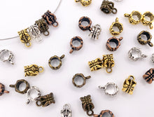 Load image into Gallery viewer, 6x8mm Pewter Charm Holder Spacers Butterfly Carved Spacers with Loop in Gold, Silver, Bronze and Copper 125G
