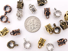 Load image into Gallery viewer, 6x8mm Pewter Charm Holder Spacers Butterfly Carved Spacers with Loop in Gold, Silver, Bronze and Copper 125G
