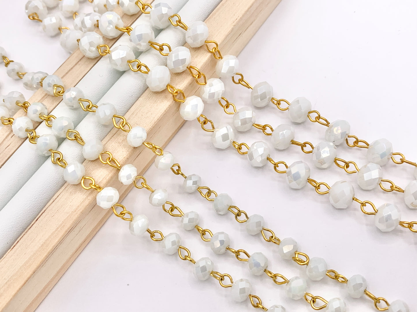 White AB Crystal Rondelle Faceted Rosary Beaded Chain With Gold Wire By Spool 6mm 8mm