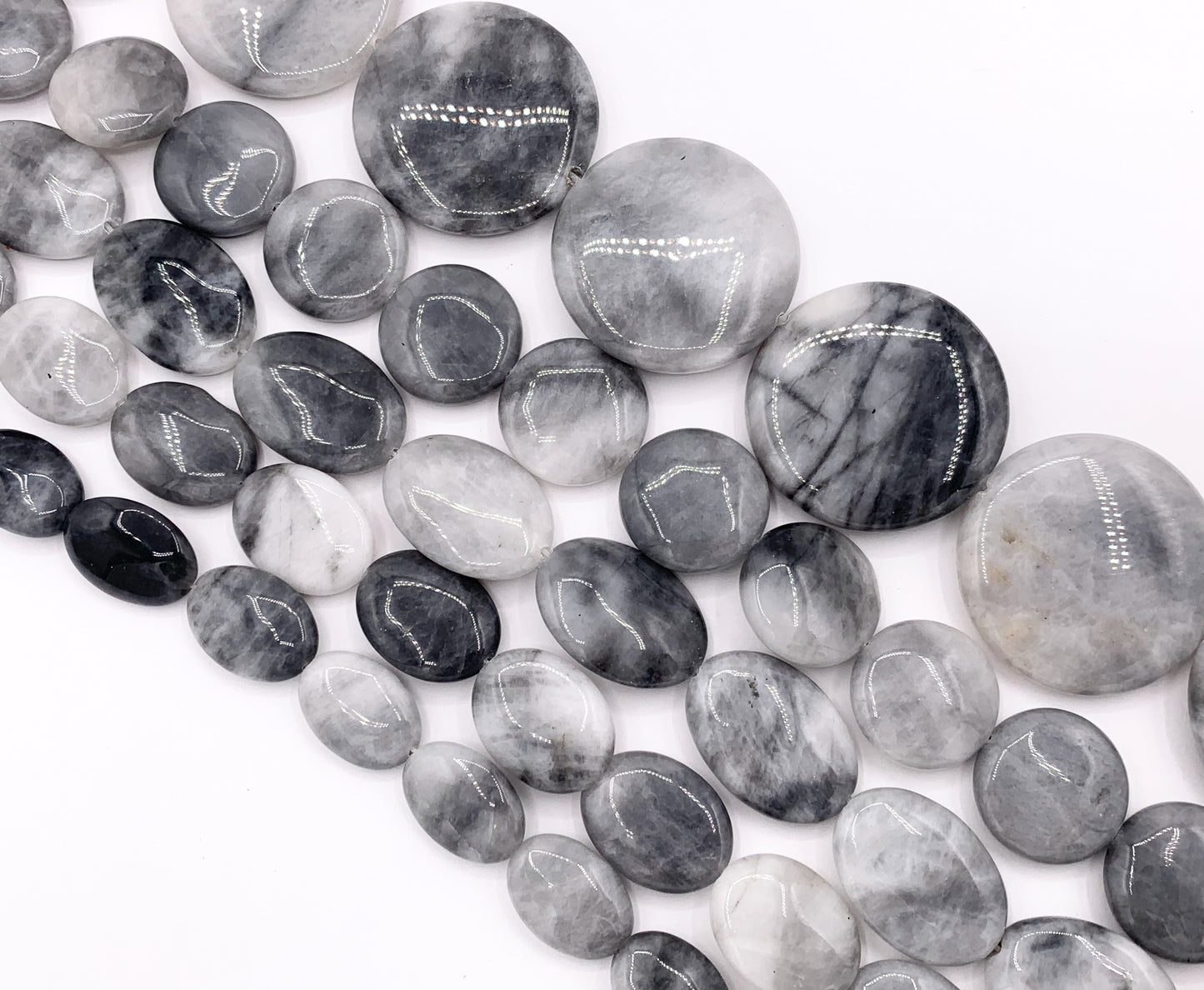 Eagle Eye Oval & Coin Smooth Natural Gray Stone Beads 15"- 16" Price 1 Strand