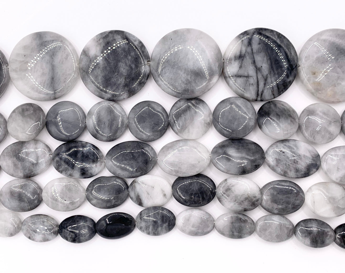 Eagle Eye Oval & Coin Smooth Natural Gray Stone Beads 15"- 16" Price 1 Strand