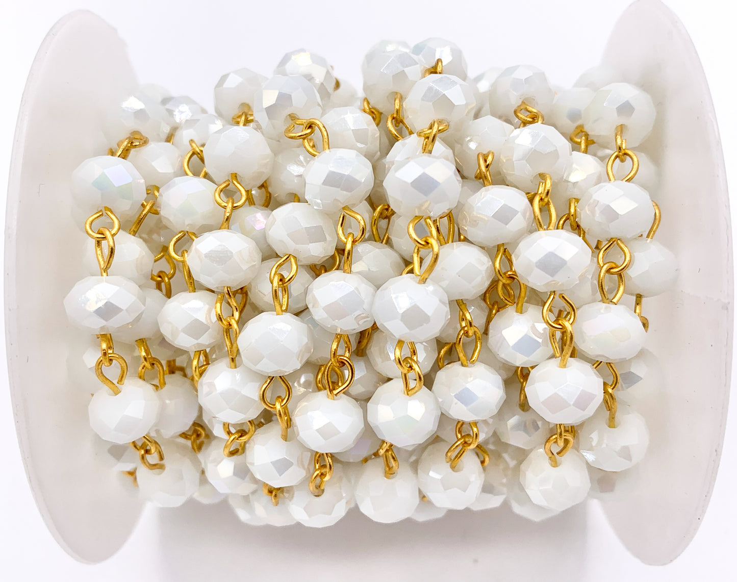 White AB Crystal Rondelle Faceted Rosary Beaded Chain With Gold Wire By Spool 6mm 8mm