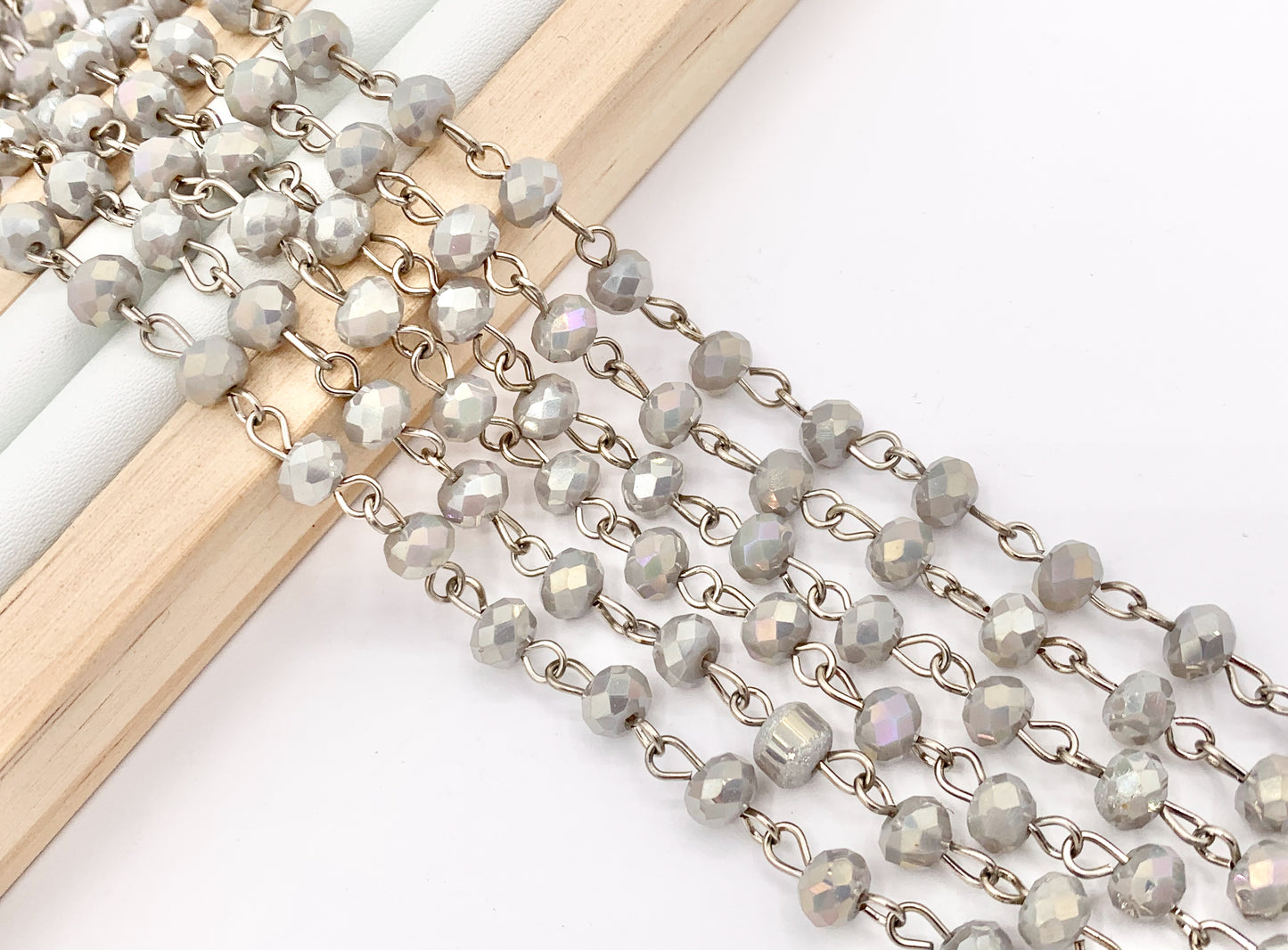Light Gray AB Crystal Rondelle Faceted Rosary Beaded Chain With Silver Wire By Spool 6mm