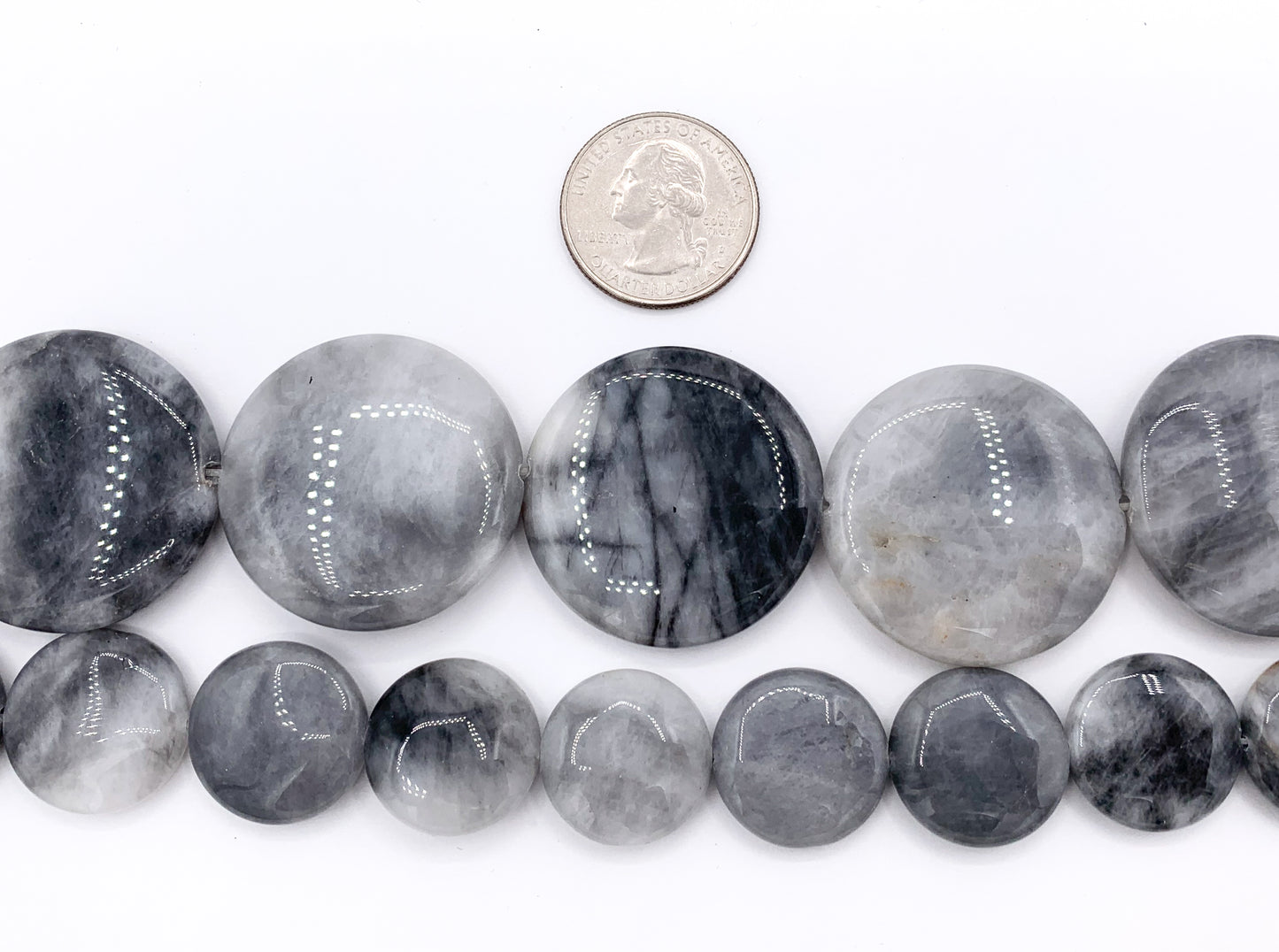 Eagle Eye Oval & Coin Smooth Natural Gray Stone Beads 15"- 16" Price 1 Strand
