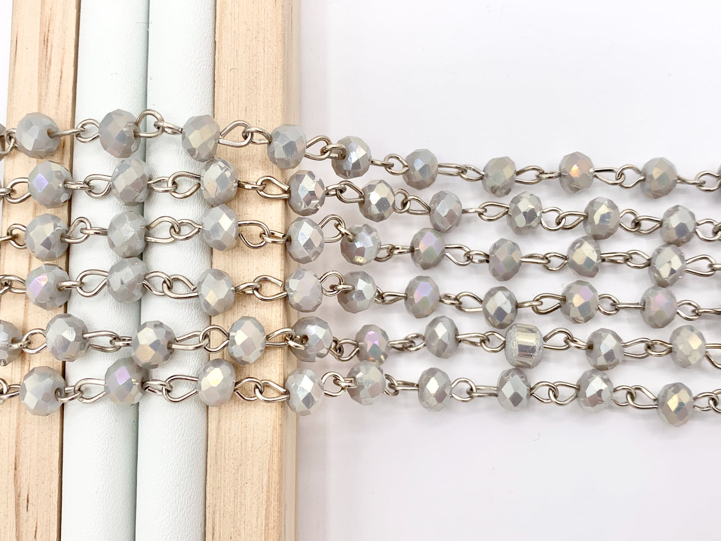 Light Gray AB Crystal Rondelle Faceted Rosary Beaded Chain With Silver Wire By Spool 6mm