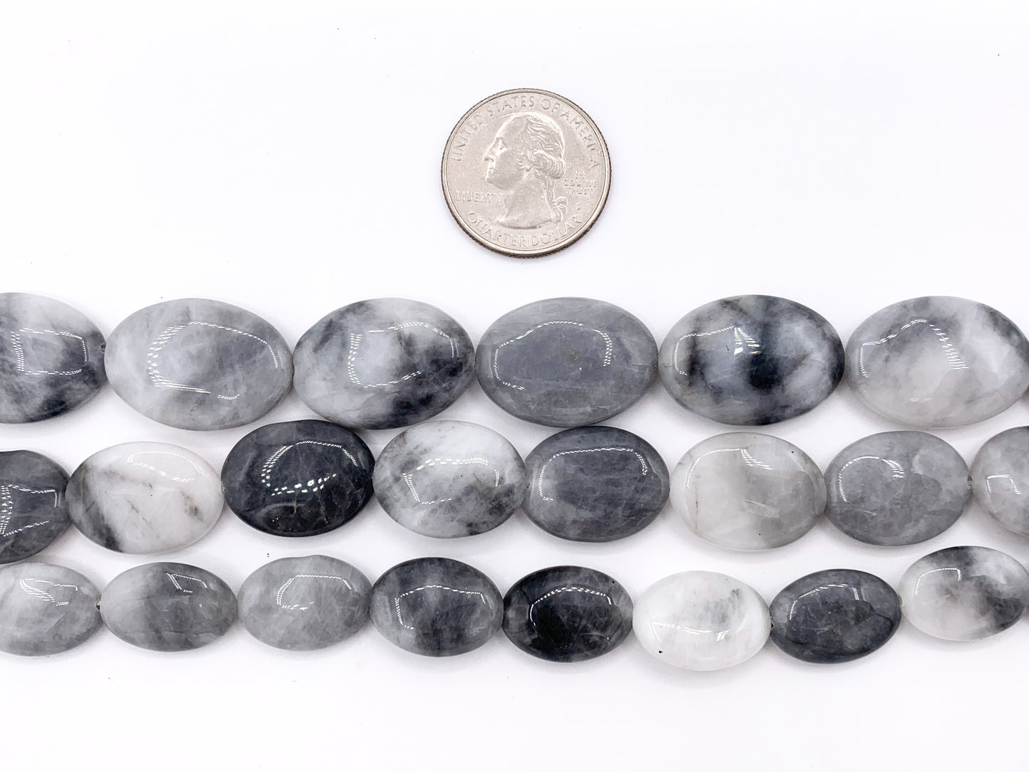 Eagle Eye Oval & Coin Smooth Natural Gray Stone Beads 15"- 16" Price 1 Strand