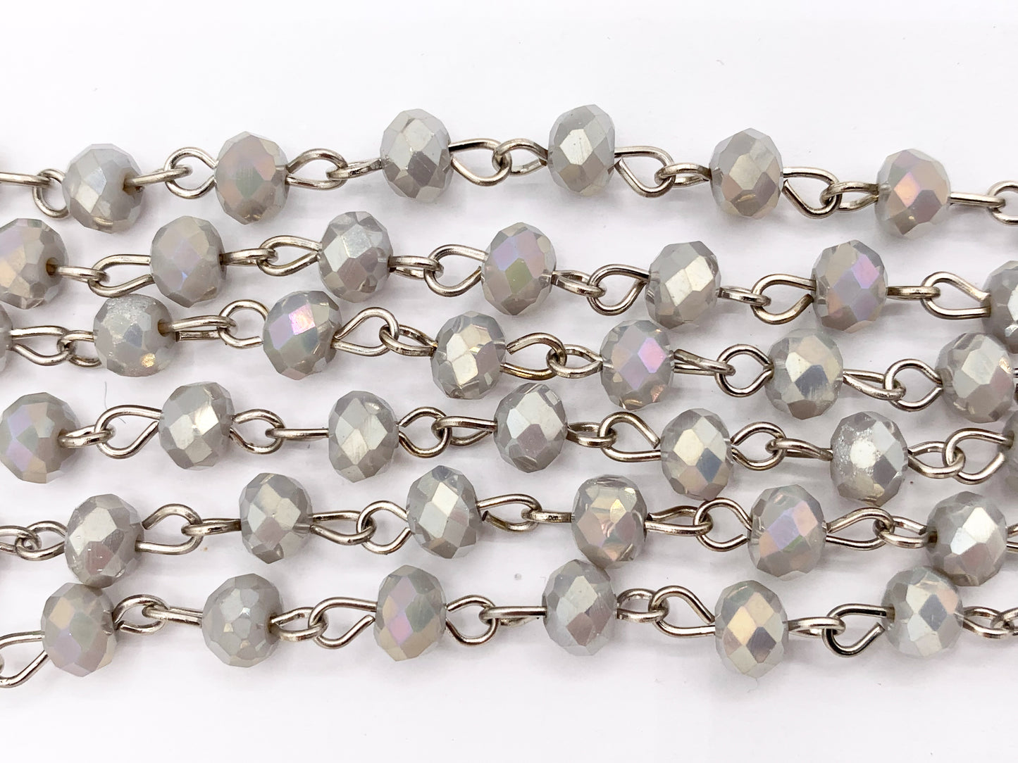 Light Gray AB Crystal Rondelle Faceted Rosary Beaded Chain With Silver Wire By Spool 6mm