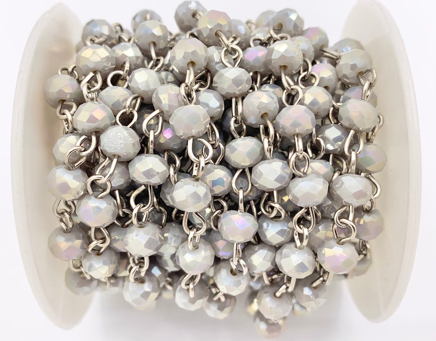 Light Gray AB Crystal Rondelle Faceted Rosary Beaded Chain With Silver Wire By Spool 6mm
