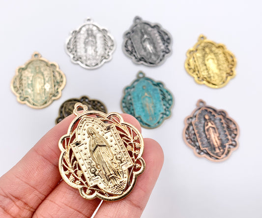 29mm Pewter Miraculous Virgin Mary Charm Ornate Catholic Pendant in Gold, Silver, Bronze, Copper, Gunmetal, Green & Blue Patina
