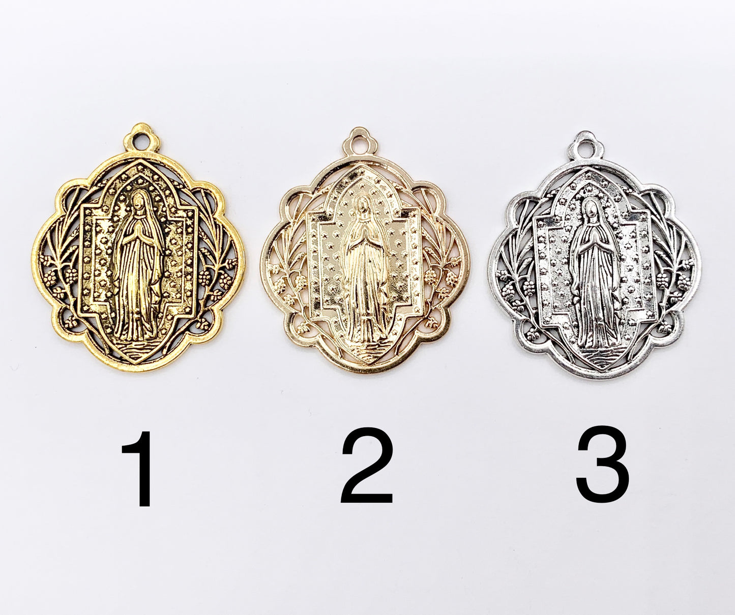 29mm Pewter Miraculous Virgin Mary Charm Ornate Catholic Pendant in Gold, Silver, Bronze, Copper, Gunmetal, Green & Blue Patina