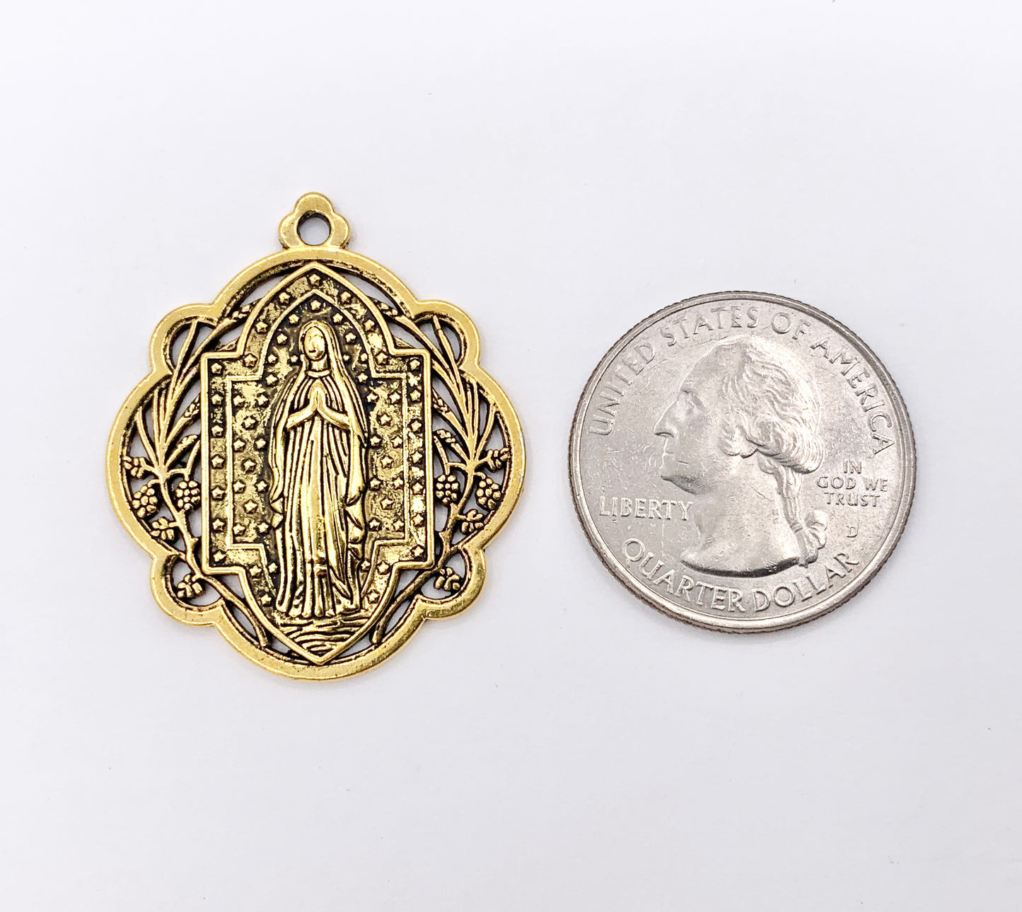 29mm Pewter Miraculous Virgin Mary Charm Ornate Catholic Pendant in Gold, Silver, Bronze, Copper, Gunmetal, Green & Blue Patina