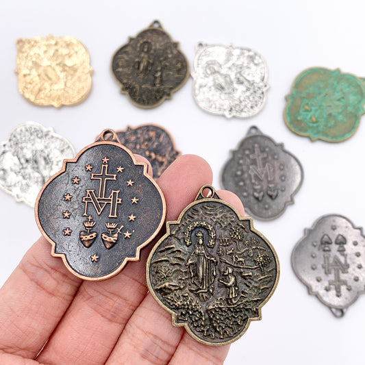 34mm Pewter Virgin Mary Marian Medal Pendant Catholic Religious Charm in Gold, Silver, Bronze, Copper, Gunmetal & Green Patina