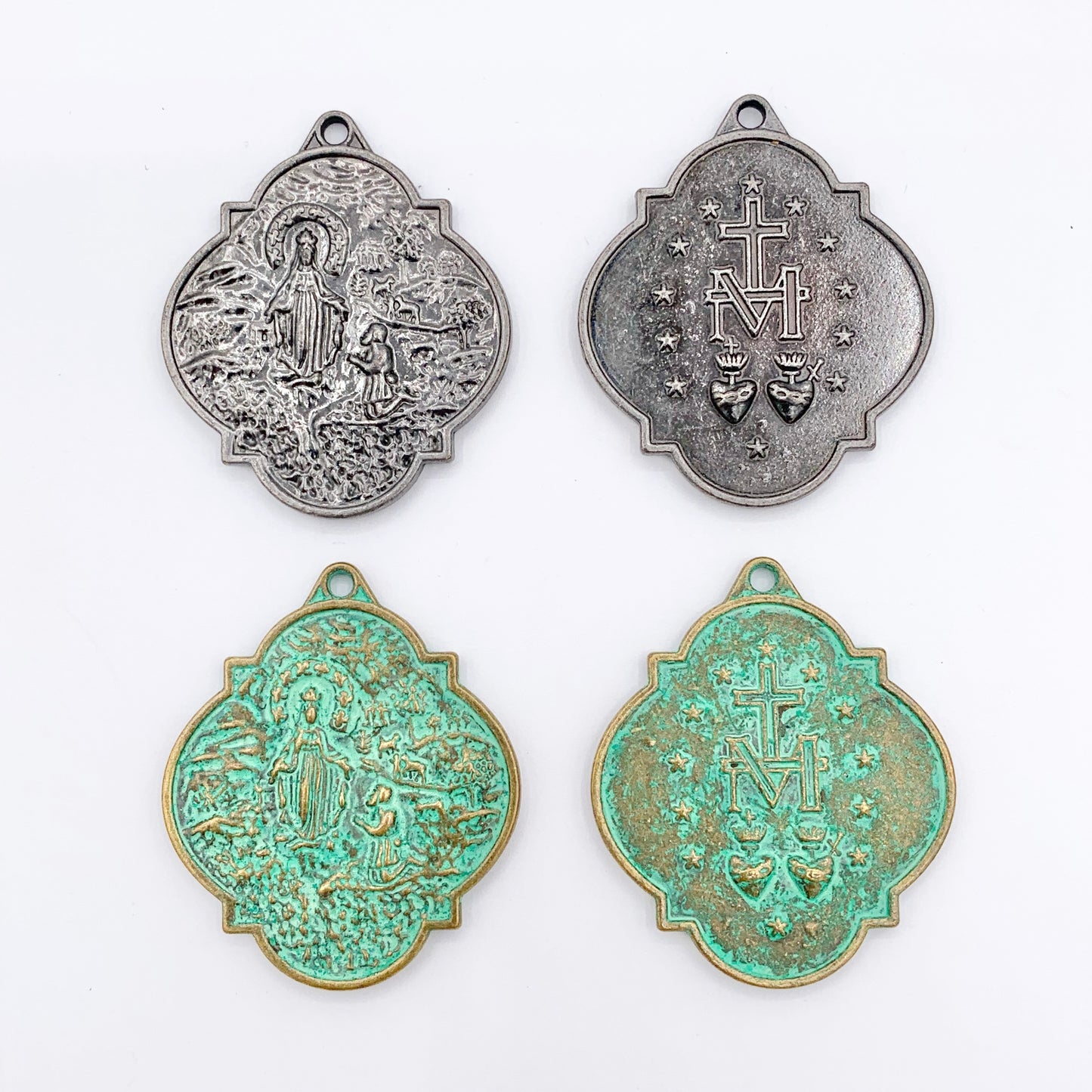 34mm Pewter Virgin Mary Marian Medal Pendant Catholic Religious Charm in Gold, Silver, Bronze, Copper, Gunmetal & Green Patina
