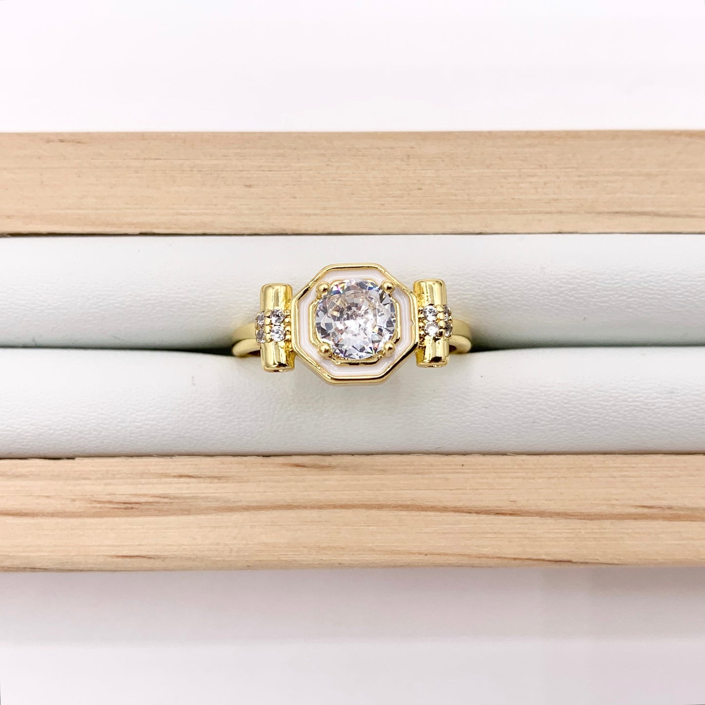 CZ Pave Rhinestone Adjustable Octagon Enamel Rings in 18K Gold Plated Copper 4 PCS