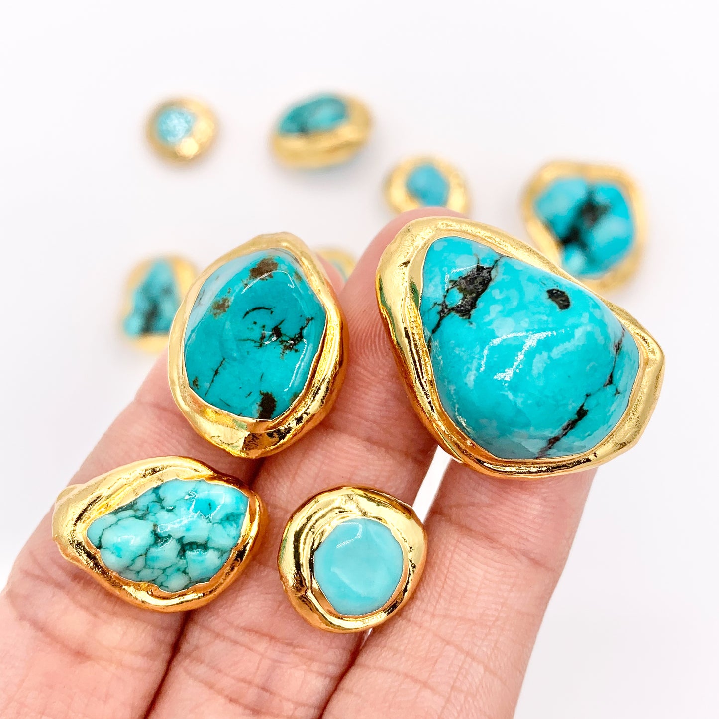 Gold Trim Turquoise Magnesite Beads in 18K Gold Plated Copper Come in 4 Sizes