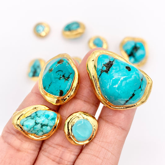 Gold Trim Turquoise Magnesite Beads in 18K Gold Plated Copper Come in 4 Sizes