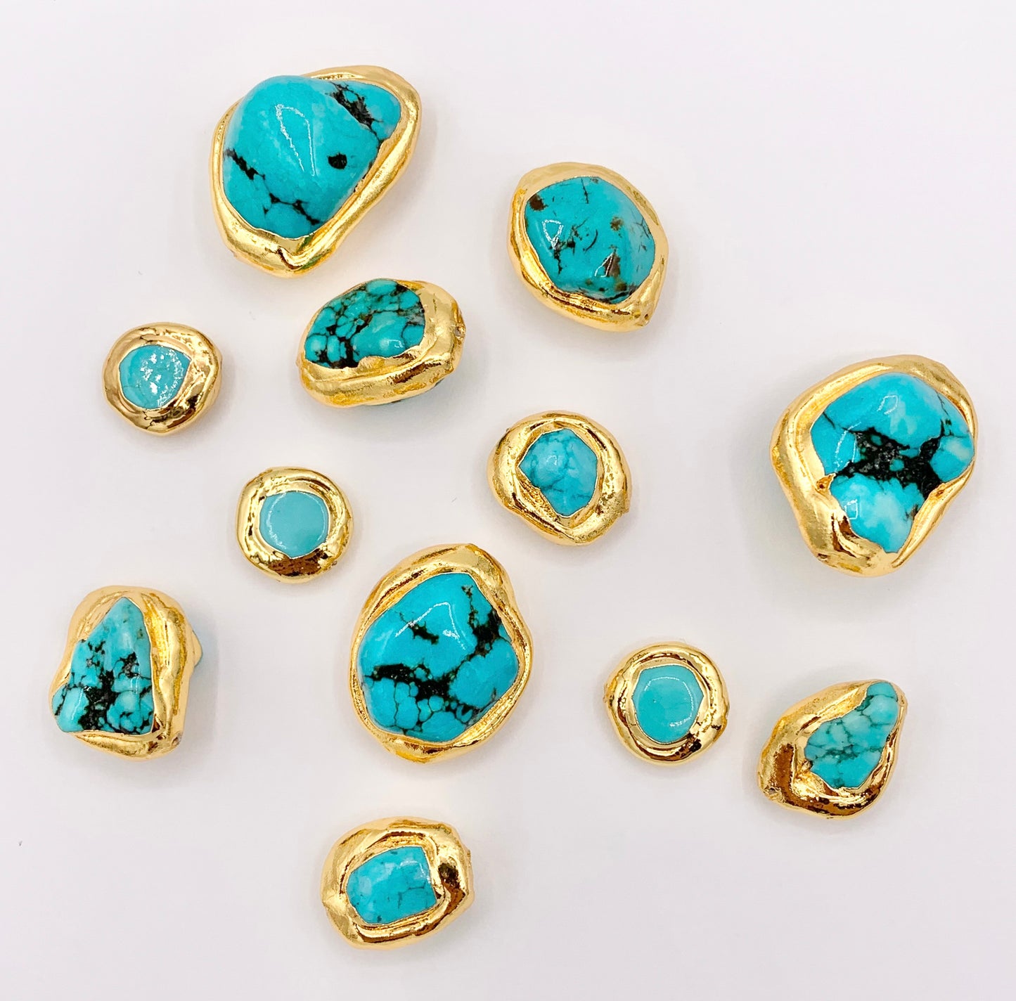 Gold Trim Turquoise Magnesite Beads in 18K Gold Plated Copper Come in 4 Sizes