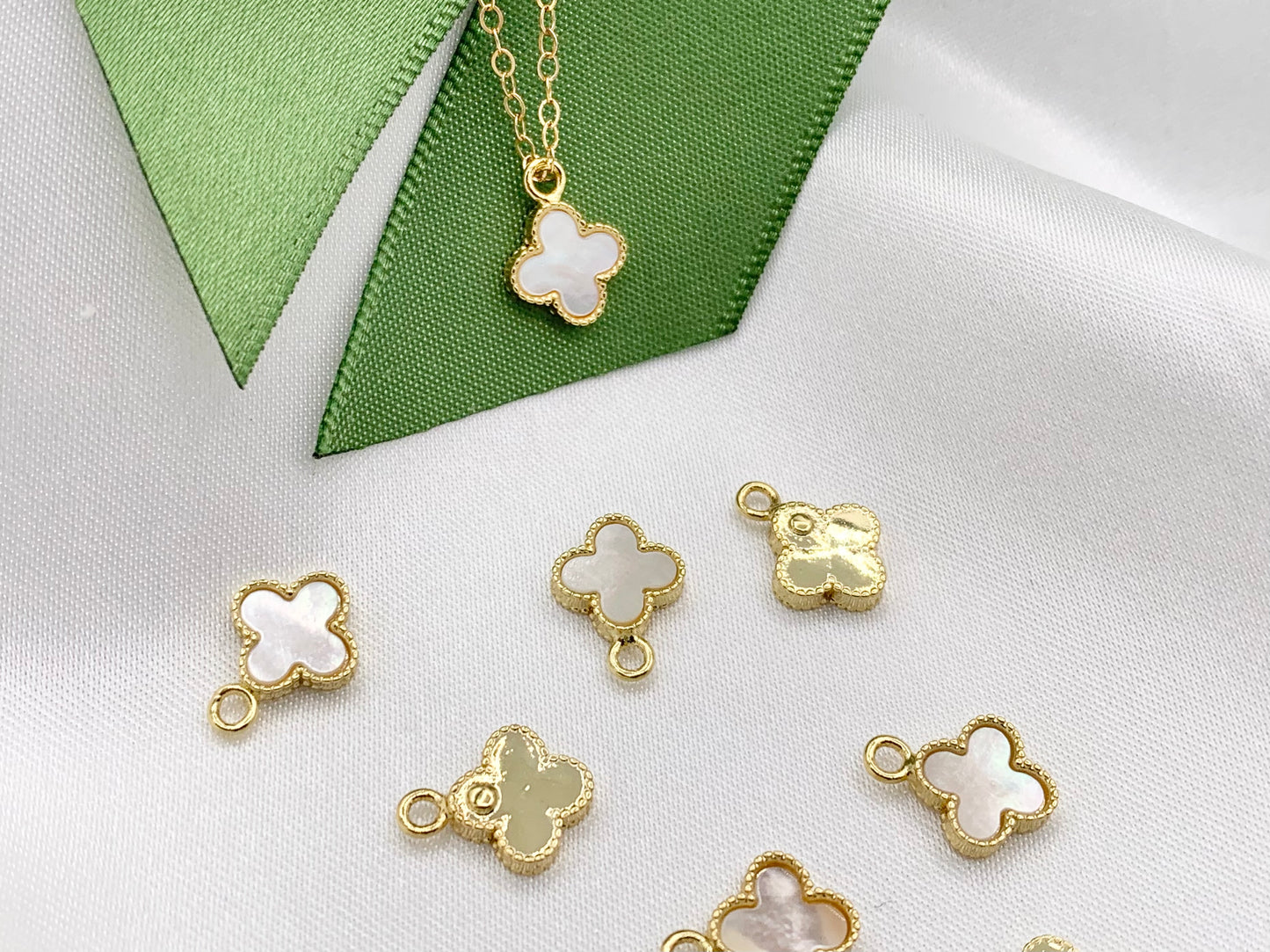 Tiny White Lip Shell Clover Charms | 18K Gold Plated Over Brass 10 PCS