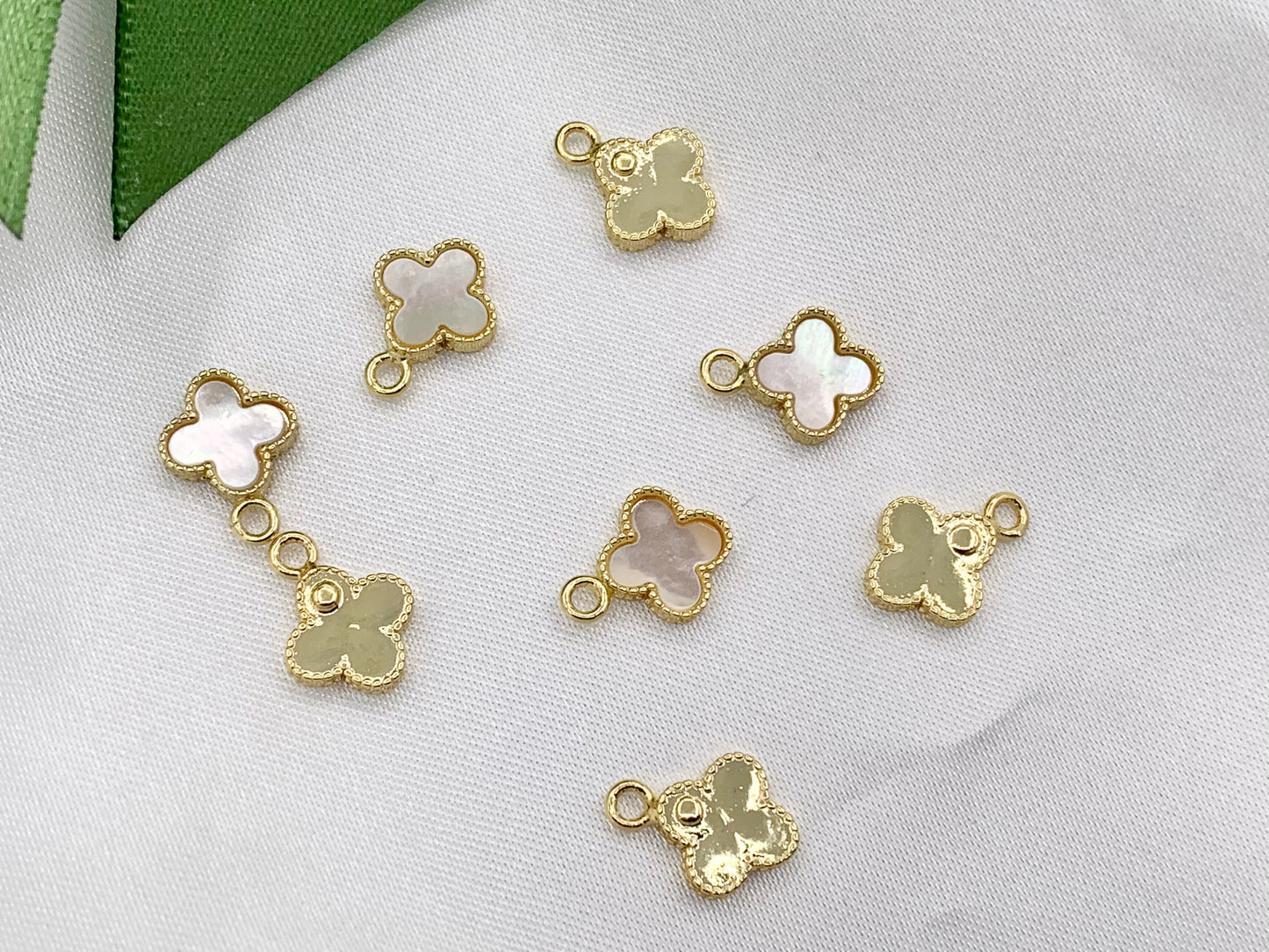 Tiny White Lip Shell Clover Charms | 18K Gold Plated Over Brass 10 PCS